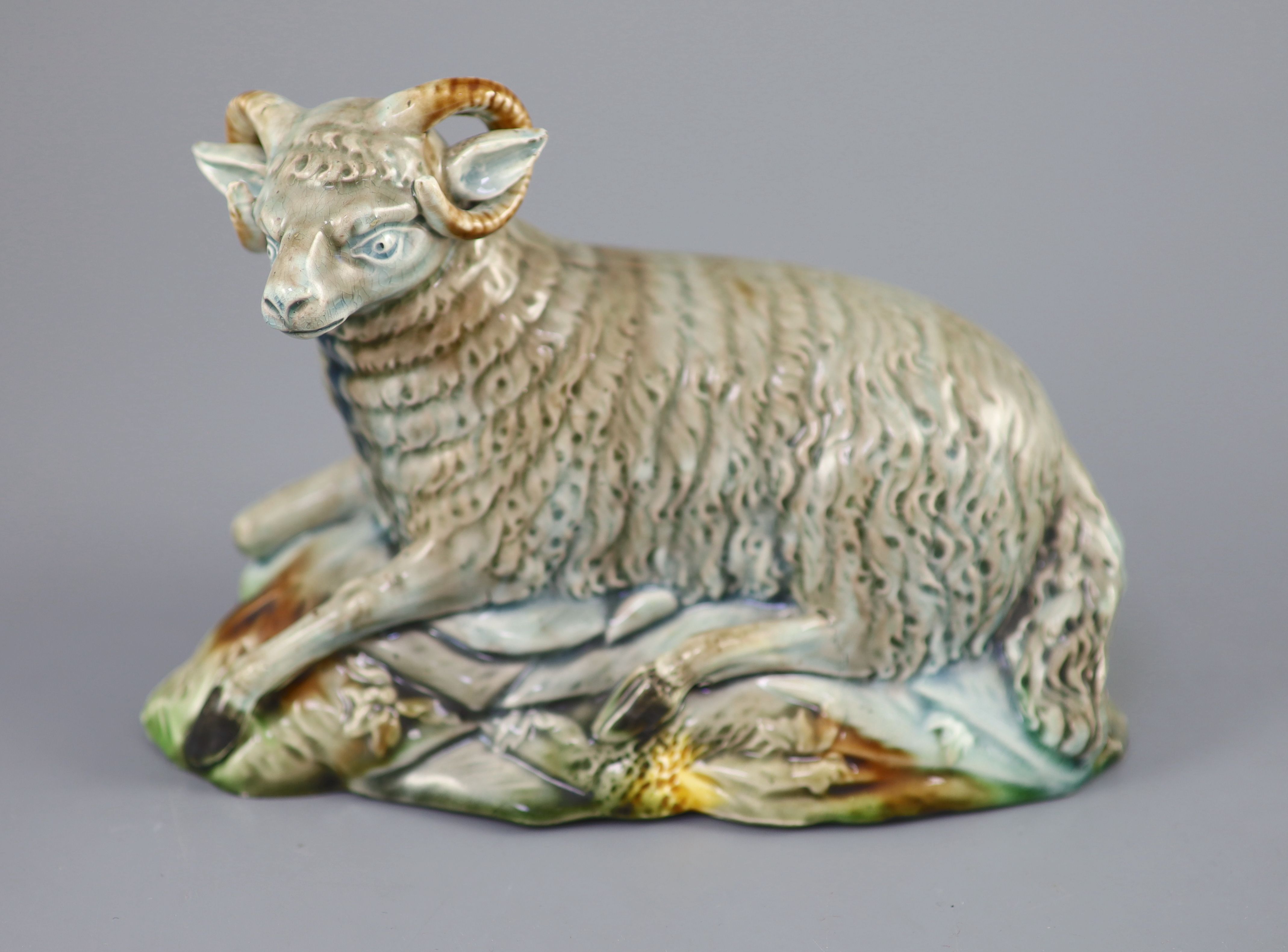 A Ralph Wood the Younger polychrome pottery figure of a Ram, c.1780-90, 18.2cm long
